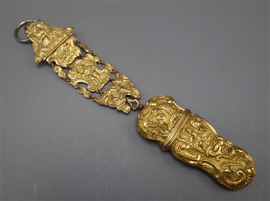 An 18th century English rococo gilt metal chatelaine and etui with tools